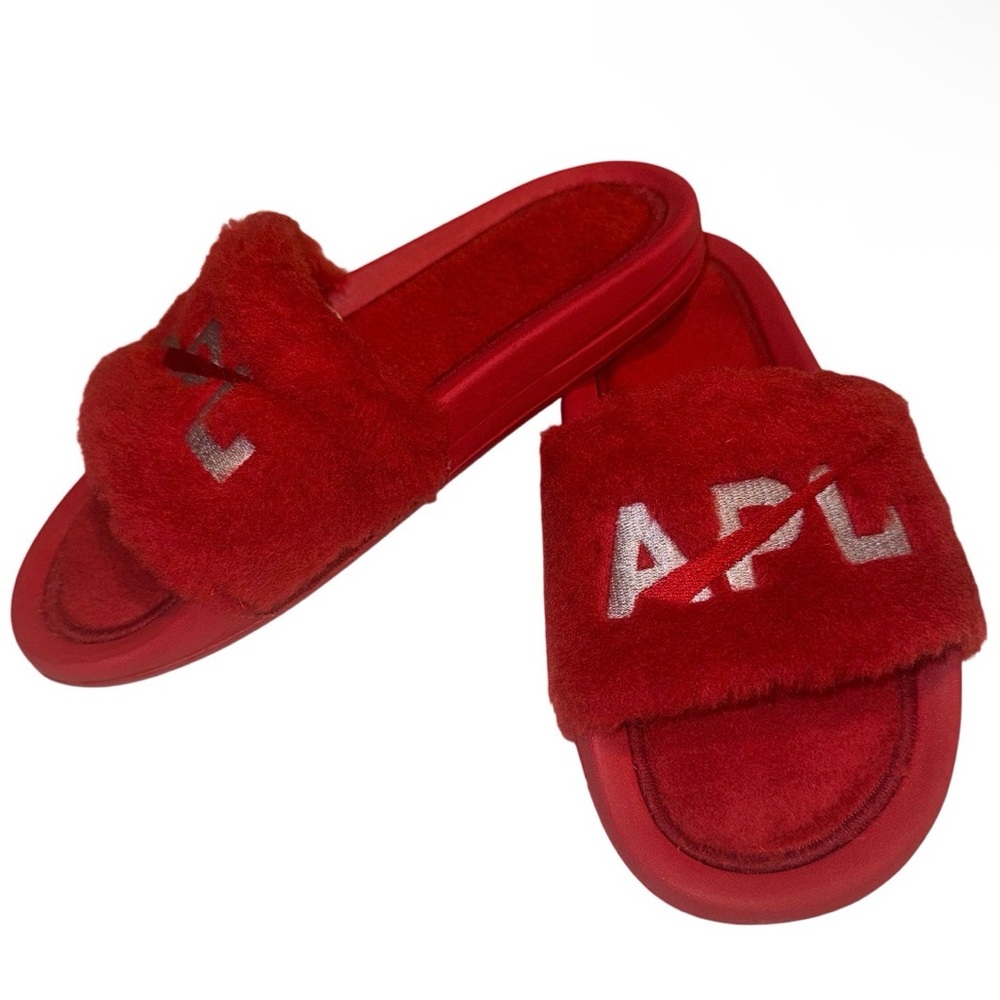 NEW APL Red Shearling Fur Silver Logo Slides Size 6 - Picture 3 of 11